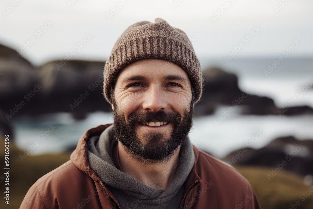 Φωτογραφία Group portrait photography of a satisfied man in his 30s wearing a warm beanie or knit hat against a summer landscape or beach background