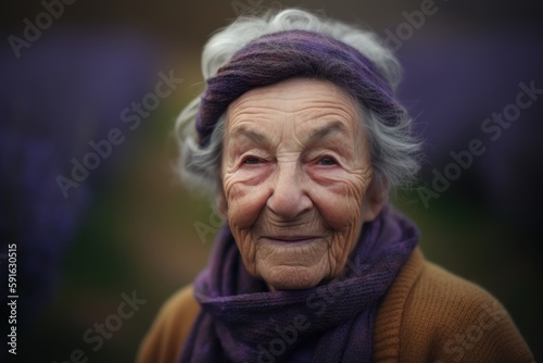 Headshot portrait photography of a pleased elderly woman in her 90s wearing a cozy sweater against a lavender field or flower farm background. Generative AI