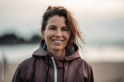Portrait of a beautiful smiling woman in sportswear standing on the beach © Robert MEYNER