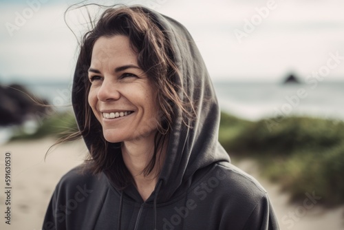 Portrait of happy young woman wearing hooded sweatshirt at the beach