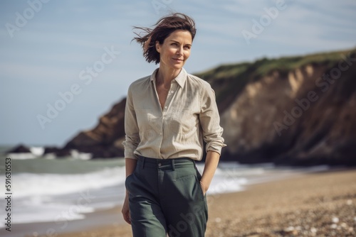 Lifestyle portrait photography of a pleased woman in her 30s wearing a smart pair of trousers against a summer landscape or beach background. Generative AI