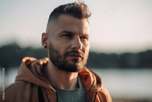 handsome bearded man in beige jacket looking away on riverside
