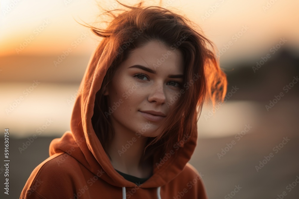 Fototapeta premium Portrait of a beautiful young woman in an orange hoodie.
