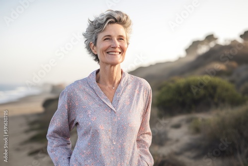 Portrait of smiling senior woman standing on beach at sunset in summer