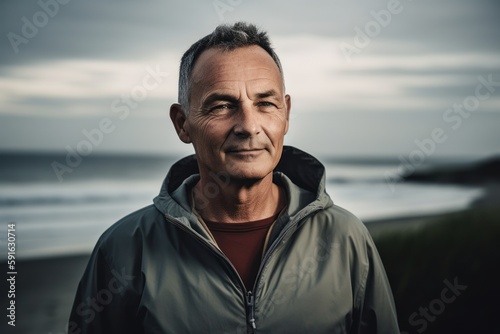 Portrait of a senior man on the beach, wearing a jacket.