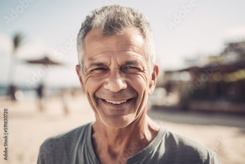 Portrait of smiling senior man looking at camera while standing on beach