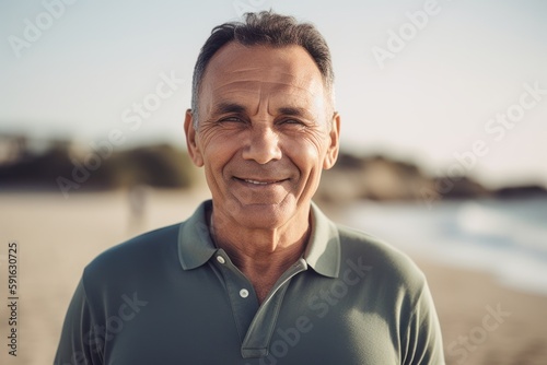 Portrait of smiling senior man standing on the beach, looking at camera
