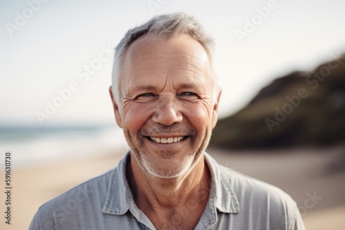 Portrait of smiling senior man standing on beach on a sunny day
