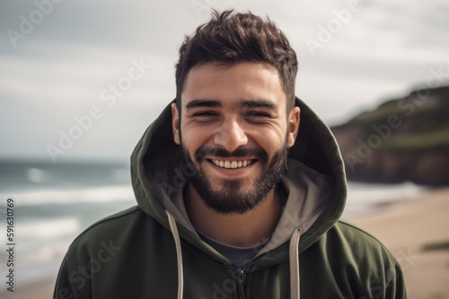 Portrait of a handsome young man smiling at the beach in autumn