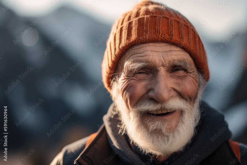 Portrait of an old man with white beard and grey hair in a warm hat on the background of mountains Portrait of an old man with white beard and grey hair in a warm hat on the background of mountains