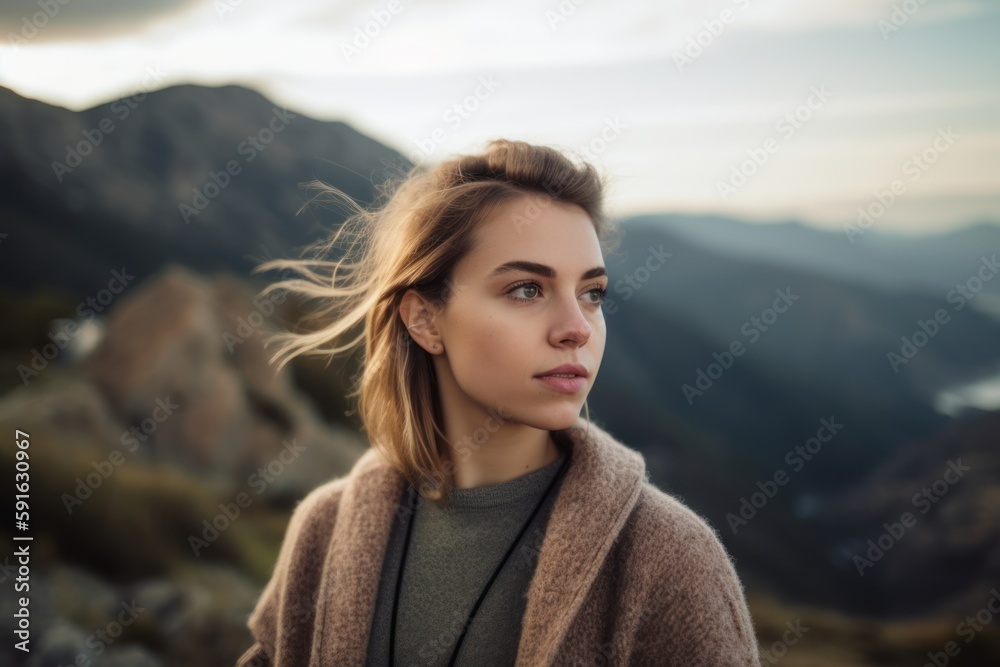 Portrait of a beautiful young woman in the mountains at sunset.