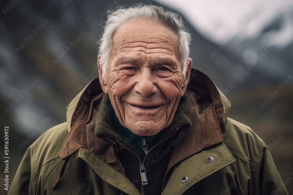 Portrait of a senior man in the mountains, looking at camera.