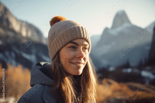 A young woman in a hat and jacket on the background of the mountains © Robert MEYNER