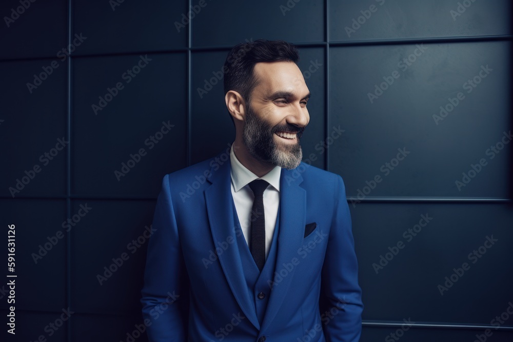 Conceptual portrait photography of a grinning man in his 30s wearing a sleek suit against an abstract background. Generative AI Conceptual portrait photography of a grinning man in his 30s wearing a sleek suit against an abstract background. Generative AI