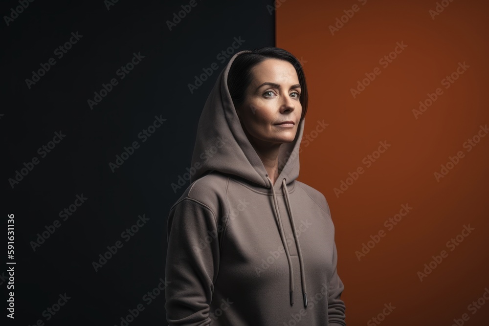 Full-length portrait photography of a satisfied woman in her 40s wearing a stylish hoodie against an abstract background. Generative AI