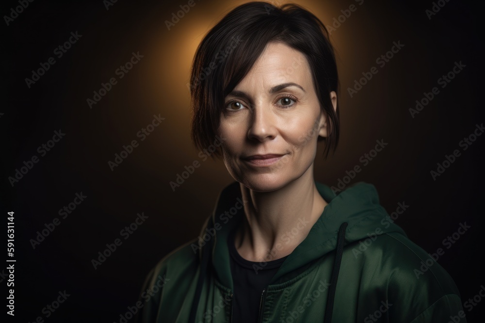 Portrait of a beautiful woman in a green jacket on a dark background Portrait of a beautiful woman in a green jacket on a dark background