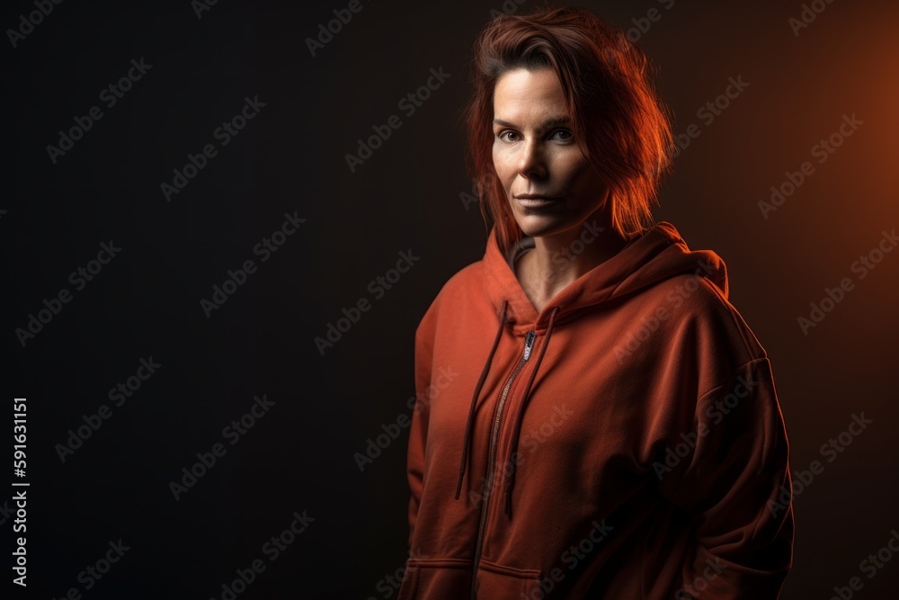 Full-length portrait photography of a satisfied woman in her 40s wearing a stylish hoodie against an abstract background. Generative AI Full-length portrait photography of a satisfied woman in her 40s wearing a stylish hoodie against an abstract background. Generative AI