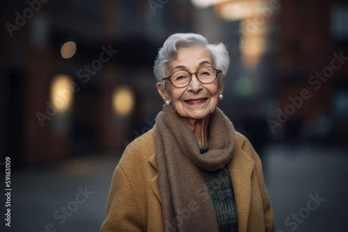 Portrait of smiling senior woman in eyeglasses at city street
