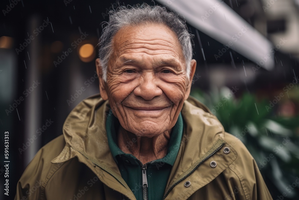 Portrait of an old Asian man in the rain. Looking at camera.