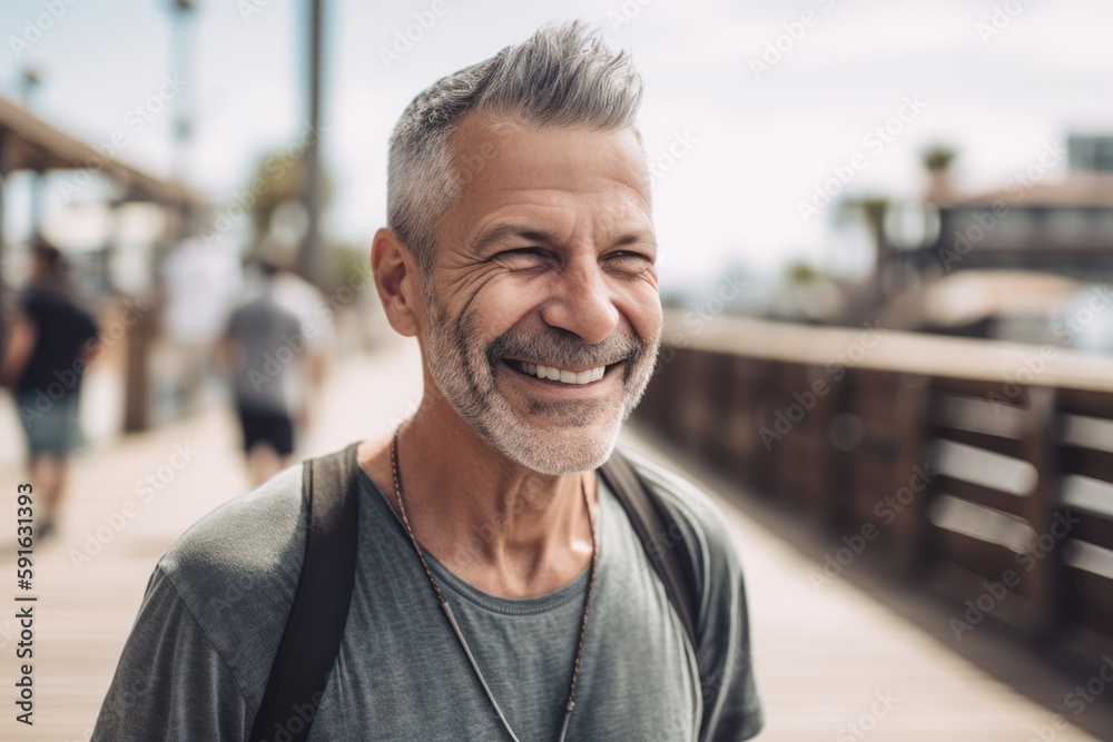Portrait of a smiling senior man walking on the pier in the city