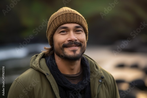 Full-length portrait photography of a pleased man in his 30s wearing a warm beanie or knit hat against a hawaiian or polynesian background. Generative AI photo