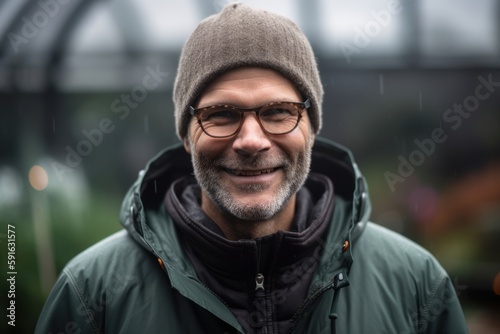 Portrait of a handsome middle-aged man outdoors in the rain.