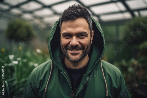 Portrait of smiling man in green jacket looking at camera in greenhouse