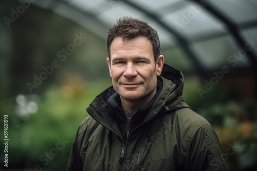 Portrait of a handsome man in a green jacket in a greenhouse