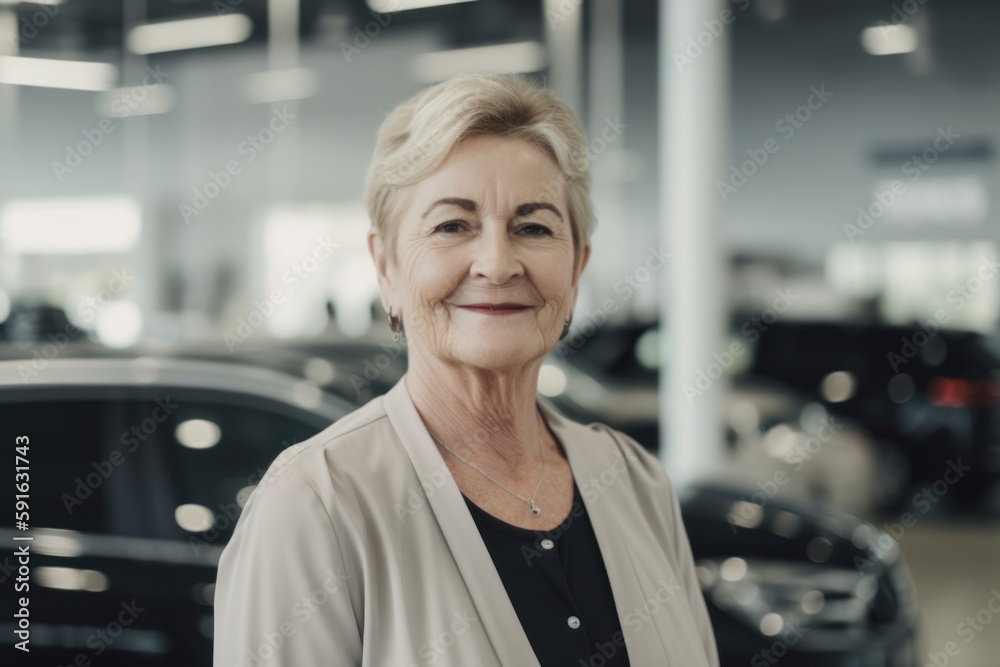 Medium shot portrait photography of a pleased woman in her 60s wearing a chic cardigan against a car showroom or dealership background. Generative AI