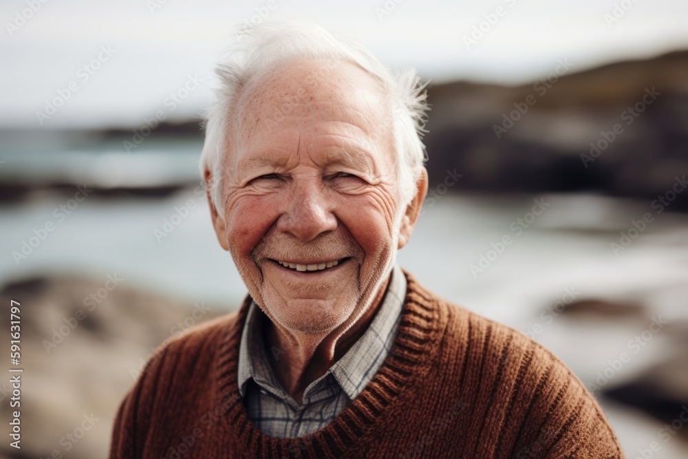 Lifestyle portrait photography of a cheerful man in his 80s wearing a cozy sweater against a lagoon or hidden beach background. Generative AI