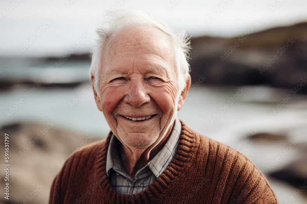 Lifestyle portrait photography of a cheerful man in his 80s wearing a cozy sweater against a lagoon or hidden beach background. Generative AI Lifestyle portrait photography of a cheerful man in his 80s wearing a cozy sweater against a lagoon or hidden beach background. Generative AI