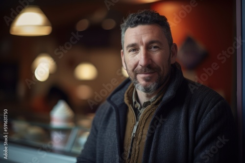 Portrait of a handsome middle-aged man with a beard in a cafe.