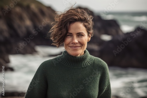 Environmental portrait photography of a pleased woman in her 30s wearing a cozy sweater against a lagoon or hidden beach background. Generative AI