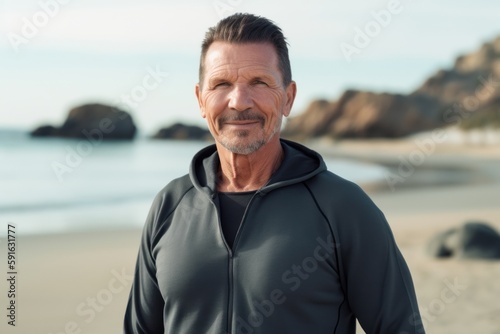 Portrait of smiling senior man in sportswear standing on beach