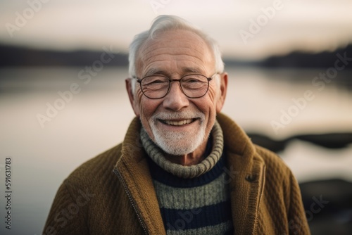 Portrait of smiling senior man in eyeglasses standing by lake