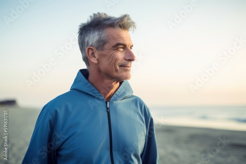 Portrait of senior man in sportswear on beach at sunrise
