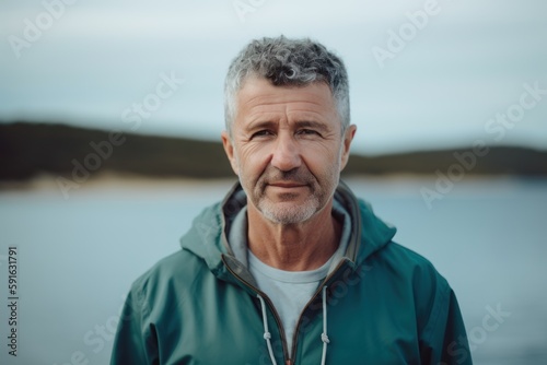 Portrait of senior man standing by the lake looking at the camera