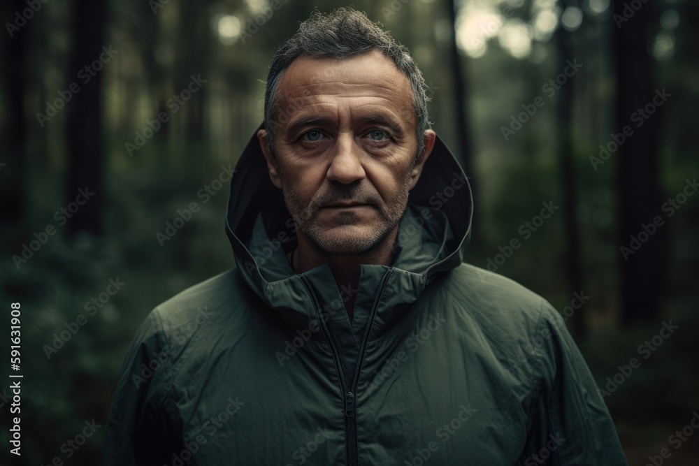 Portrait of a man in a raincoat in the forest. Portrait of a man in a raincoat in the forest.