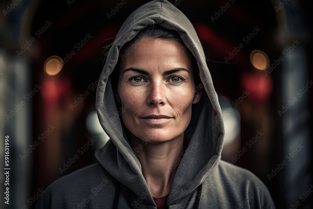 Portrait of a woman wearing a hooded sweatshirt in the city Portrait of a woman wearing a hooded sweatshirt in the city