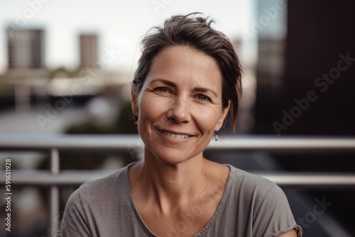 Portrait of smiling mature woman in casual clothes looking at camera outdoors