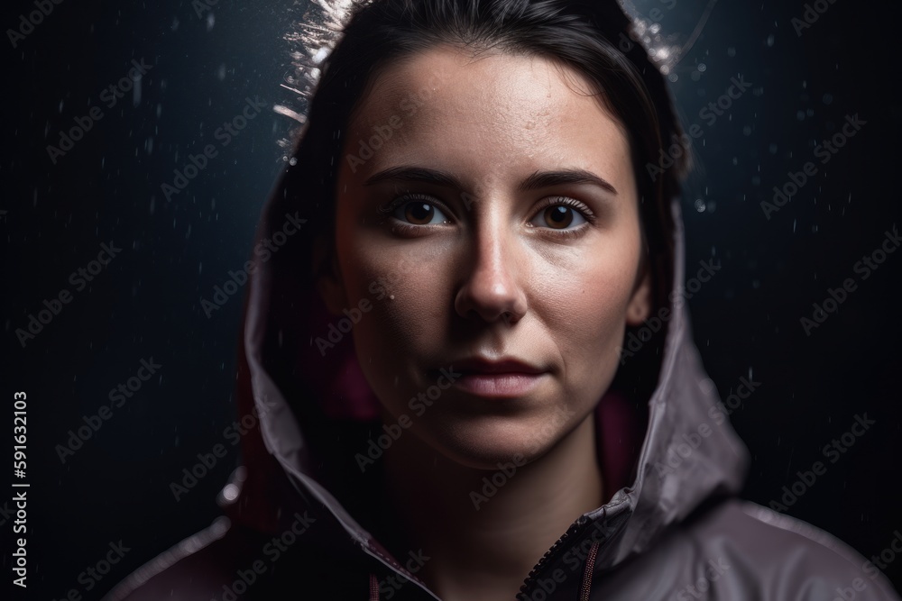 Young woman in raincoat on black background. Shallow depth of field. Young woman in raincoat on black background. Shallow depth of field.