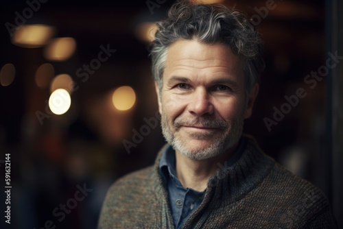 Portrait of a handsome middle aged man with gray hair and beard looking at the camera.