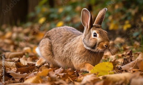 a rabbit is sitting in the leaves in the woods,. generative ai