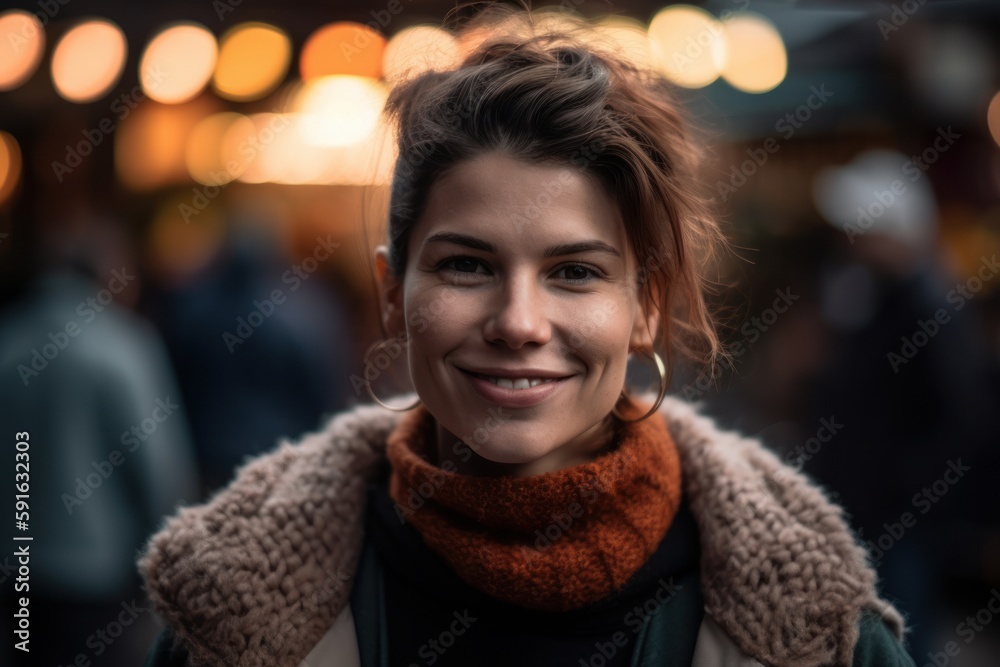 Portrait of a beautiful smiling young woman in the city at night Portrait of a beautiful smiling young woman in the city at night