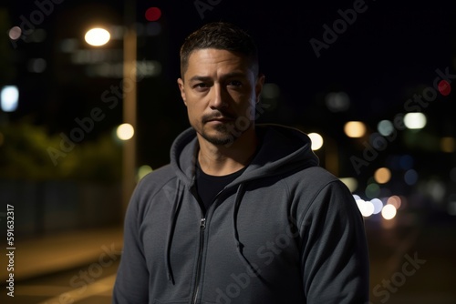 Portrait Of A Young Man In Hoodie Standing In City At Night