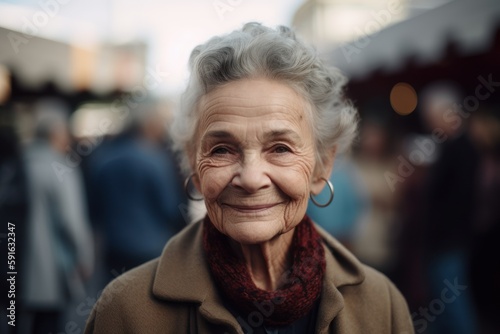 Portrait of an elderly woman in a coat on the street.