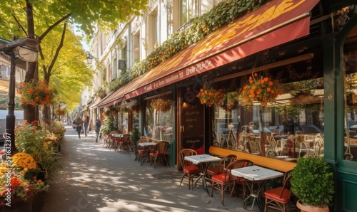  a sidewalk with tables and chairs on it next to a building. generative ai