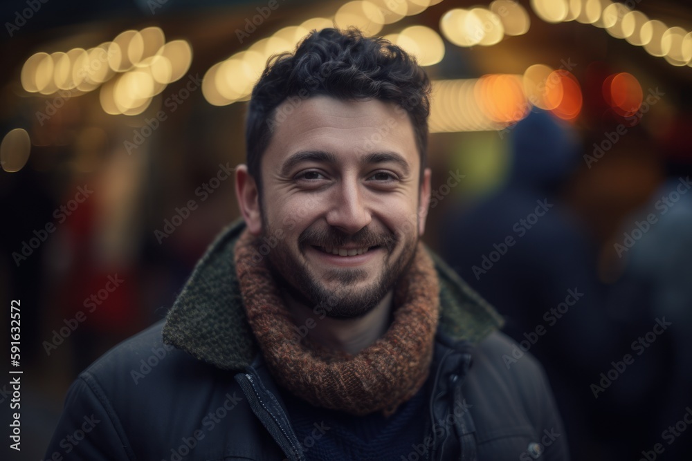Fototapeta premium Portrait of a handsome young man at the Christmas market in the city.
