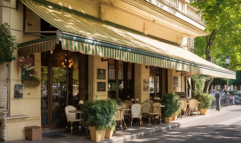  a restaurant with a green awning and chairs outside of it.  generative ai