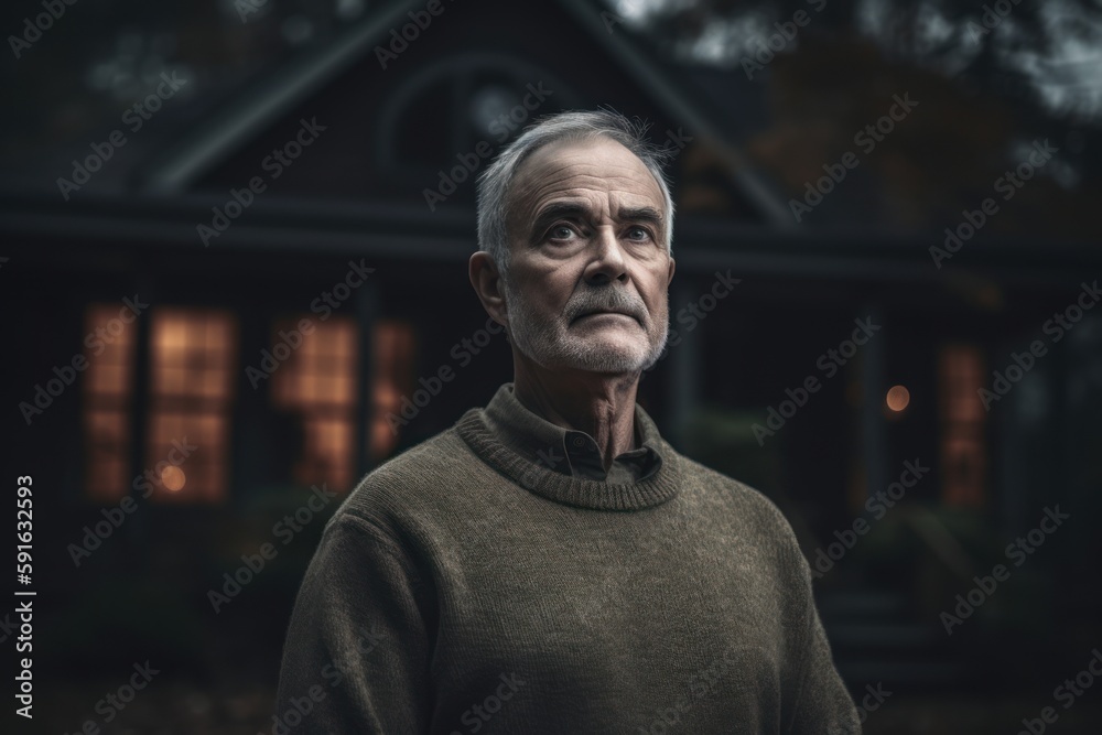 Portrait of an old man in front of his house at night Portrait of an old man in front of his house at night